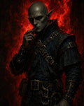 GRID THUMBNAIL — Bald, red-eyed demon assassin in dark leather and buckles holds a small dagger before blazing red flames, lit by fiery glow.