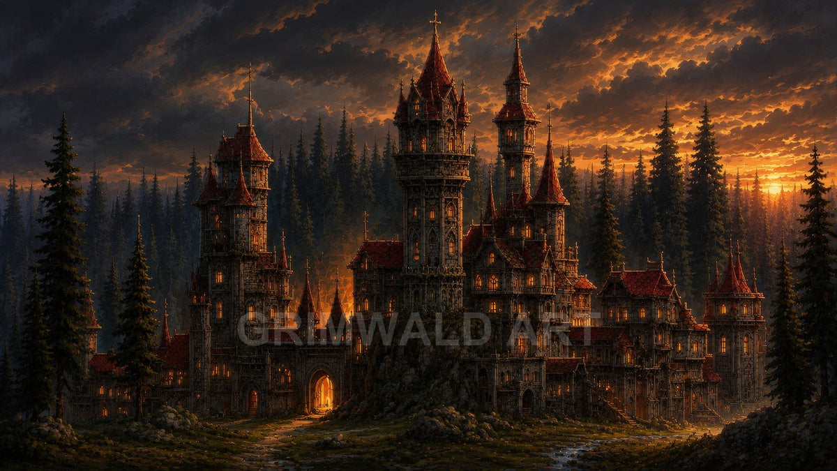 Grand stone castle with red roofs glows with warm lights amid dense pine forest under dramatic orange sunset clouds, stream flowing before gate.