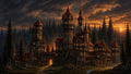 GRID THUMBNAIL — Grand stone castle with red roofs glows with warm lights amid dense pine forest under dramatic orange sunset clouds, stream flowing before gate.