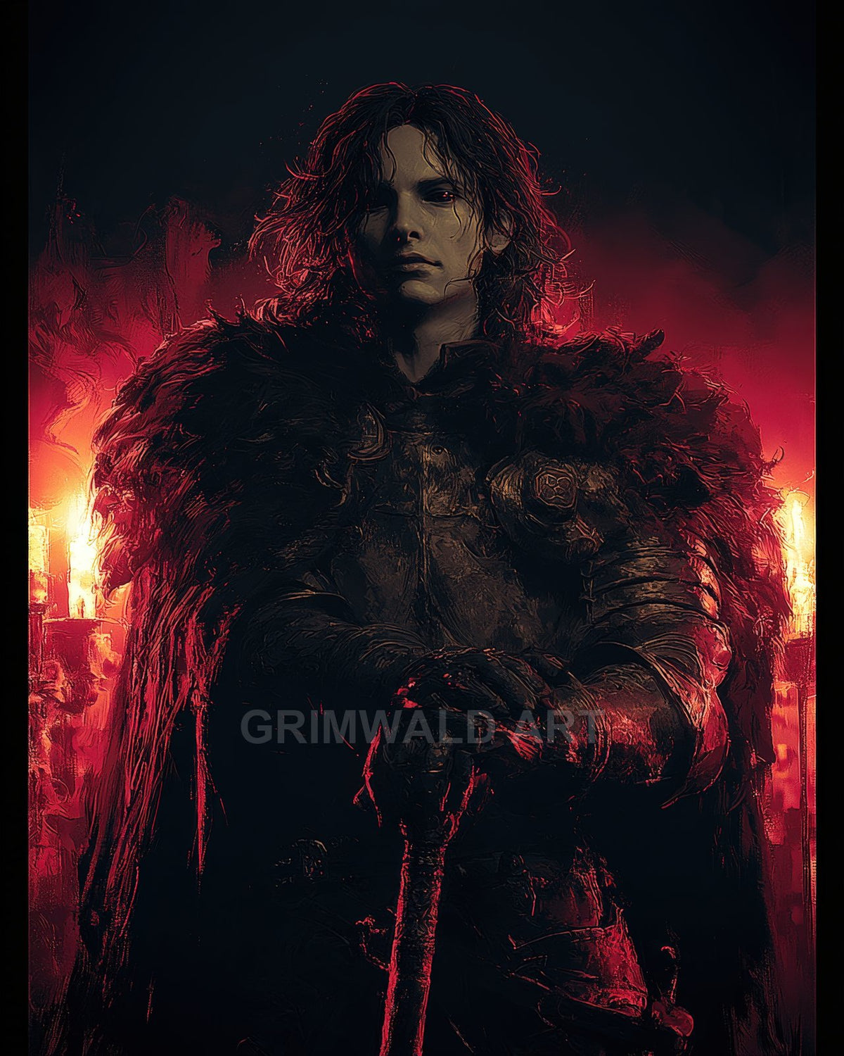Armoured androgynous knight in a fur cloak stands in firelit darkness, hands resting on a sword hilt, red glow and candles behind.