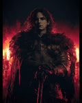 GRID THUMBNAIL — Armoured androgynous knight in a fur cloak stands in firelit darkness, hands resting on a sword hilt, red glow and candles behind.