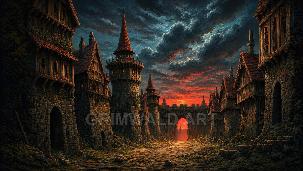 Medieval fantasy street lined with stone towers and timber houses, leading to a glowing arched gate at sunset under dramatic clouds.