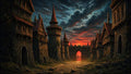 GRID THUMBNAIL — Medieval fantasy street lined with stone towers and timber houses, leading to a glowing arched gate at sunset under dramatic clouds.