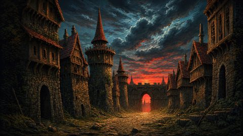 GRID THUMBNAIL — Medieval fantasy street lined with stone towers and timber houses, leading to a glowing arched gate at sunset under dramatic clouds.