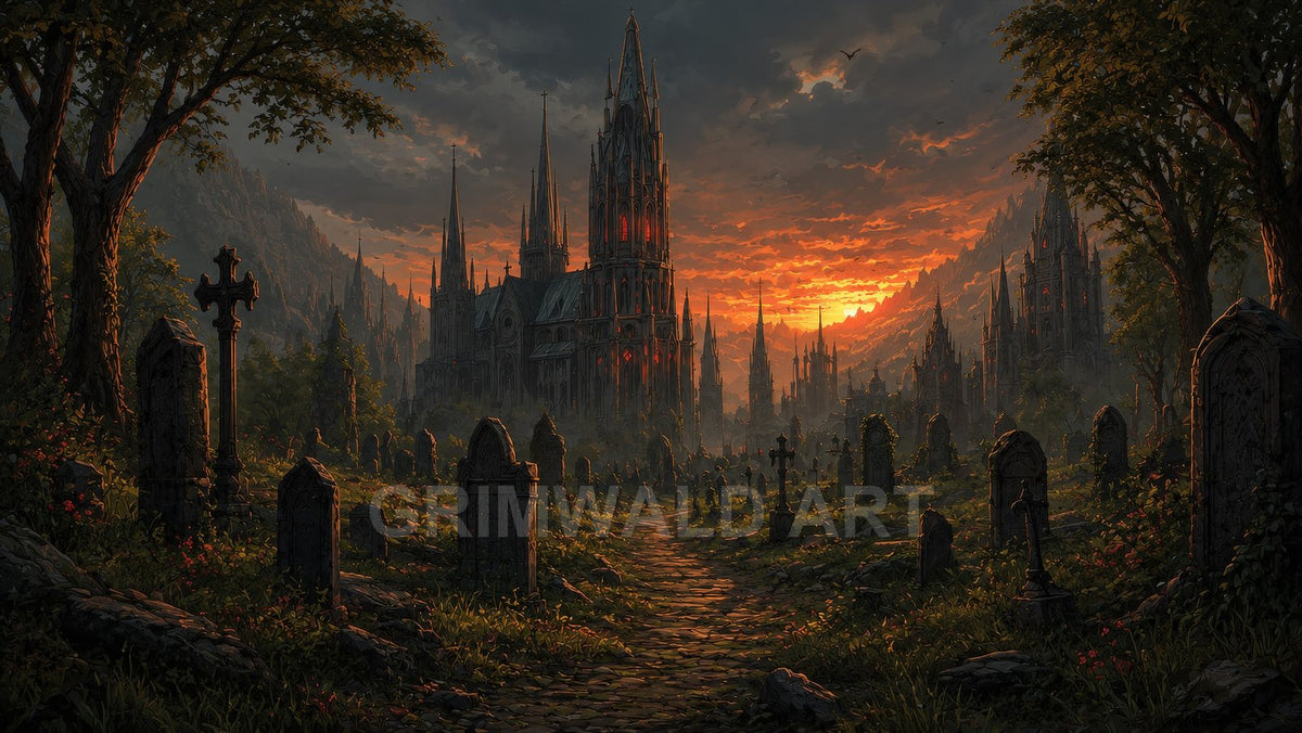 Overgrown gravestones line a winding path toward a towering gothic cathedral, its red-lit windows glowing beneath a dramatic orange sunset sky.