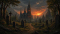 GRID THUMBNAIL — Overgrown gravestones line a winding path toward a towering gothic cathedral, its red-lit windows glowing beneath a dramatic orange sunset sky.