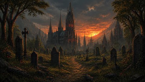 GRID THUMBNAIL — Overgrown gravestones line a winding path toward a towering gothic cathedral, its red-lit windows glowing beneath a dramatic orange sunset sky.
