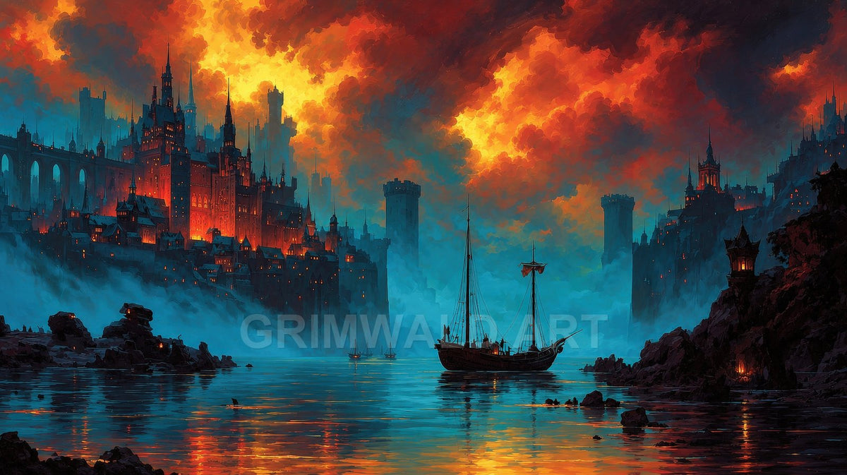 A medieval fantasy harbour city glows beneath blazing orange sunset clouds, towers and spires reflecting in calm blue water as sailing ships drift through mist.