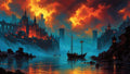 GRID THUMBNAIL — A medieval fantasy harbour city glows beneath blazing orange sunset clouds, towers and spires reflecting in calm blue water as sailing ships drift through mist.