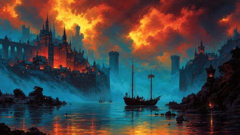 GRID THUMBNAIL — A medieval fantasy harbour city glows beneath blazing orange sunset clouds, towers and spires reflecting in calm blue water as sailing ships drift through mist.