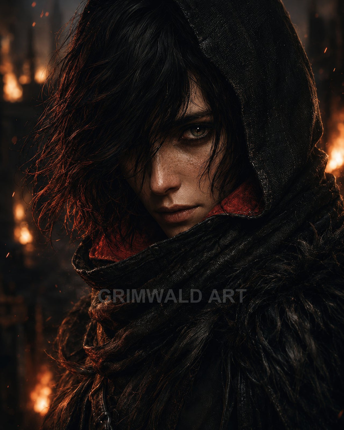 Close-up of a hooded, androgynous rogue with tousled dark hair and freckles, cloaked in black fur, staring intensely before a firelit, smoky city.