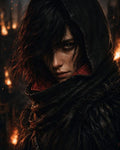 GRID THUMBNAIL — Close-up of a hooded, androgynous rogue with tousled dark hair and freckles, cloaked in black fur, staring intensely before a firelit, smoky city.