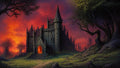 GRID THUMBNAIL — Gothic stone castle with glowing doorway beneath a vivid red sunset, framed by twisted trees and distant ruins across a grassy, shadowed landscape.