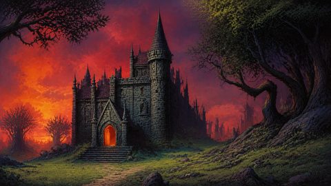 GRID THUMBNAIL — Gothic stone castle with glowing doorway beneath a vivid red sunset, framed by twisted trees and distant ruins across a grassy, shadowed landscape.