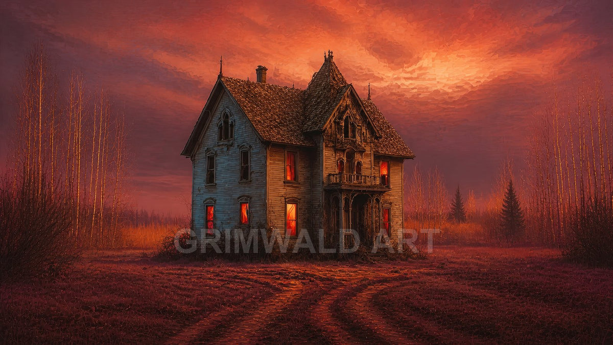 A dilapidated Victorian house with glowing red windows stands amid leafless trees and a rutted path beneath a fiery orange sunset sky.