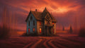 GRID THUMBNAIL — A dilapidated Victorian house with glowing red windows stands amid leafless trees and a rutted path beneath a fiery orange sunset sky.