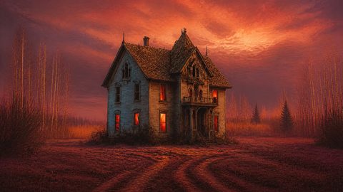 GRID THUMBNAIL — A dilapidated Victorian house with glowing red windows stands amid leafless trees and a rutted path beneath a fiery orange sunset sky.