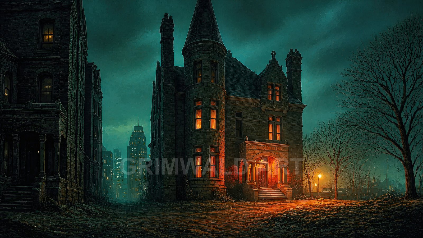 Gothic stone mansion with a turret glows warm orange at night beside bare trees, while distant city skyscrapers shimmer under a teal sky.