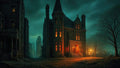 GRID THUMBNAIL — Gothic stone mansion with a turret glows warm orange at night beside bare trees, while distant city skyscrapers shimmer under a teal sky.