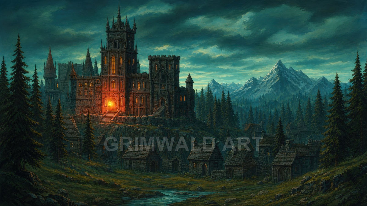 Gothic stone castle glows with warm light above a pine forest village, mountains beyond and a winding stream under moody twilight clouds.