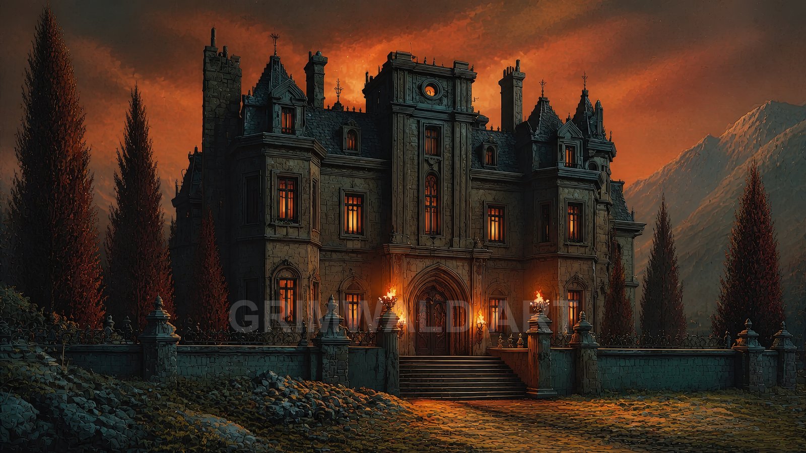 Gothic stone castle with glowing windows and torchlit entrance, framed by tall dark trees and mountains under an orange twilight sky.