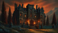 GRID THUMBNAIL — Gothic stone castle with glowing windows and torchlit entrance, framed by tall dark trees and mountains under an orange twilight sky.