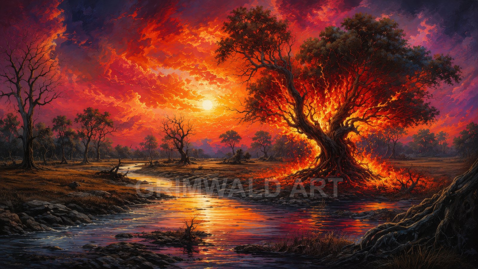 Fiery sunset over a winding river, a great oak ablaze, flames reflecting orange light across the water and silhouetting nearby trees.