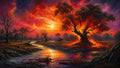 GRID THUMBNAIL — Fiery sunset over a winding river, a great oak ablaze, flames reflecting orange light across the water and silhouetting nearby trees.