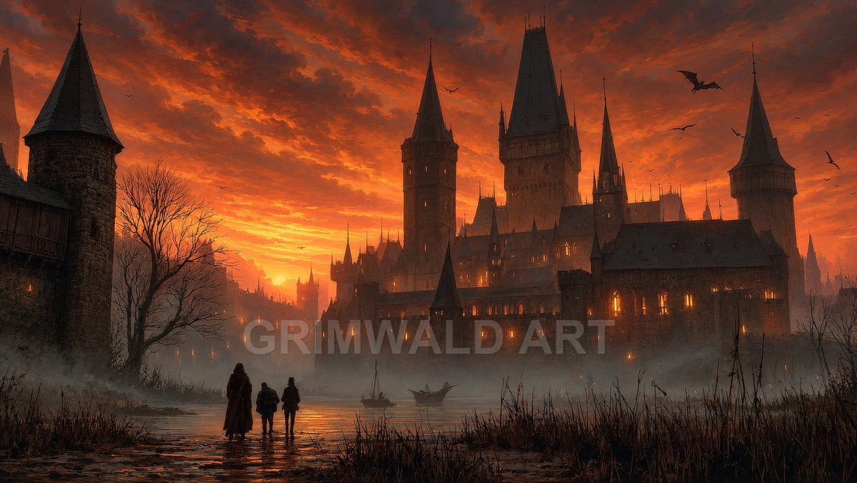 Vast gothic castle with glowing windows rises over a misty riverside at sunset, with small boats and distant flying creatures beneath fiery clouds.