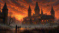 GRID THUMBNAIL — Vast gothic castle with glowing windows rises over a misty riverside at sunset, with small boats and distant flying creatures beneath fiery clouds.