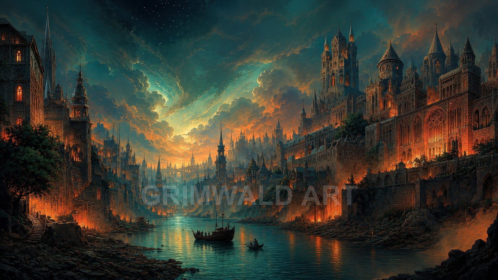 Vast riverside fantasy city at twilight, packed with gothic spires and glowing windows, boats drifting on reflective water beneath swirling, luminous clouds.