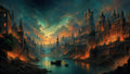 GRID THUMBNAIL — Vast riverside fantasy city at twilight, packed with gothic spires and glowing windows, boats drifting on reflective water beneath swirling, luminous clouds.