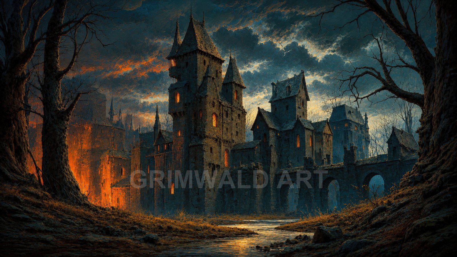 Moody medieval fortress with glowing windows and an arched bridge over a shallow stream, framed by leafless trees beneath stormy twilight clouds.