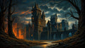 GRID THUMBNAIL — Moody medieval fortress with glowing windows and an arched bridge over a shallow stream, framed by leafless trees beneath stormy twilight clouds.