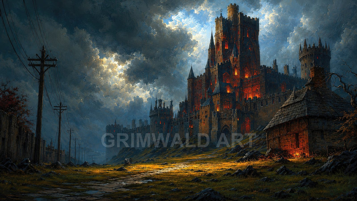 Ominous red-lit fortress towers beneath stormy twilight clouds, with a glowing cottage, telegraph poles, and a winding path across wet grass.