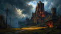 GRID THUMBNAIL — Ominous red-lit fortress towers beneath stormy twilight clouds, with a glowing cottage, telegraph poles, and a winding path across wet grass.