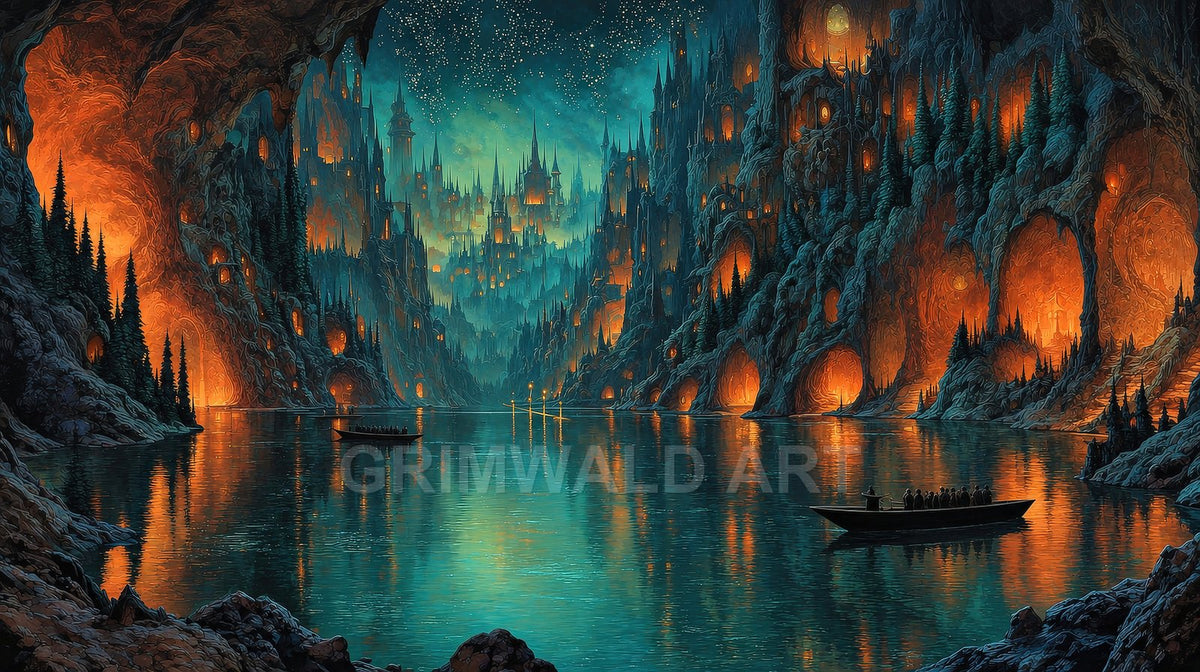 Vast subterranean city of spires and glowing caverns surrounds a tranquil lake, boats gliding under a starry sky and teal reflections.