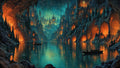 GRID THUMBNAIL — Vast subterranean city of spires and glowing caverns surrounds a tranquil lake, boats gliding under a starry sky and teal reflections.