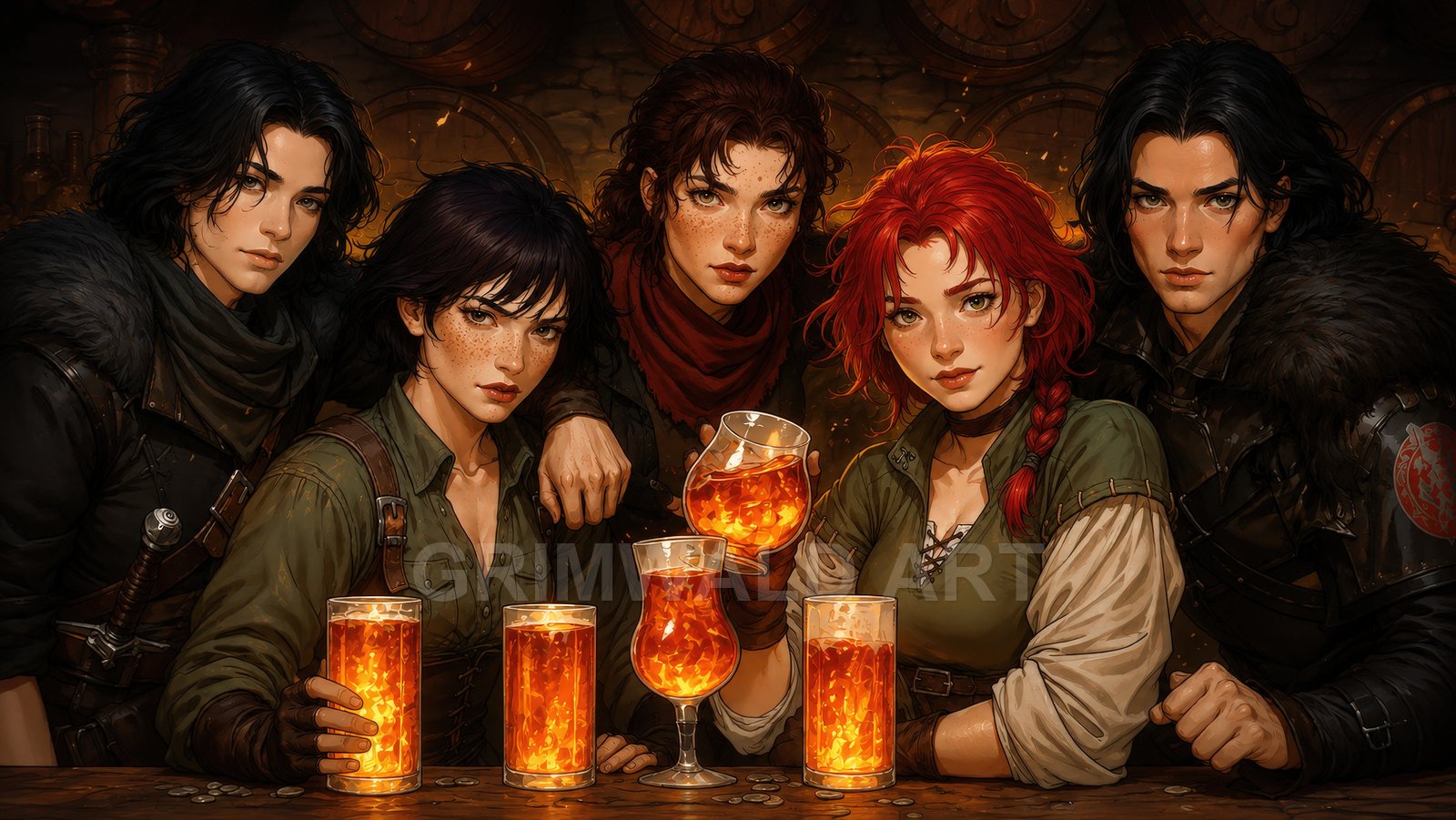 Five rugged adventurers gathered at a tavern bar, raising glowing amber drinks amid barrels and firelit shadows, dressed in leather and cloaks.
