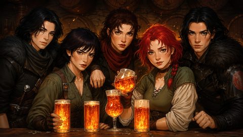 GRID THUMBNAIL — Five rugged adventurers gathered at a tavern bar, raising glowing amber drinks amid barrels and firelit shadows, dressed in leather and cloaks.