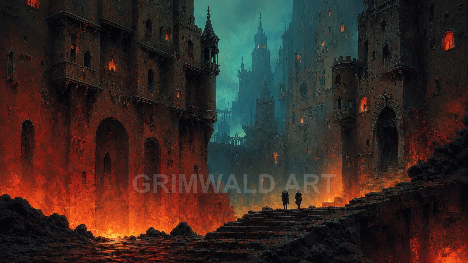 A vast, dark fortress city rises above seething lava, windows glowing orange as two small figures climb broken stone steps in firelit gloom.