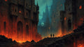 GRID THUMBNAIL — A vast, dark fortress city rises above seething lava, windows glowing orange as two small figures climb broken stone steps in firelit gloom.
