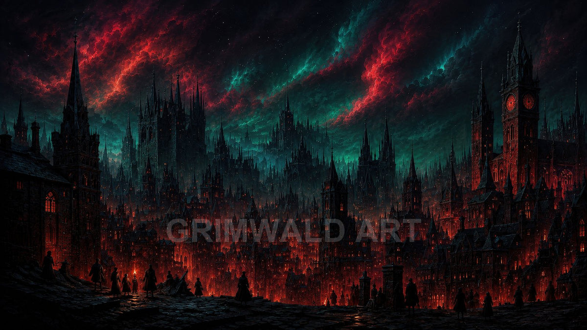Vast gothic city of spires glows red under a stormy teal night sky, with silhouetted figures and torches gathering on a cobbled foreground.