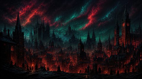 GRID THUMBNAIL — Vast gothic city of spires glows red under a stormy teal night sky, with silhouetted figures and torches gathering on a cobbled foreground.