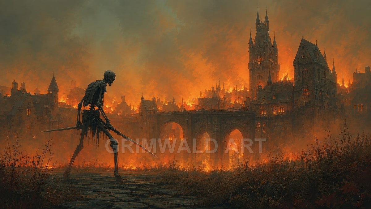 A skeletal figure with a spear crosses a dark path before a burning gothic city and arched bridge, bathed in orange firelight and smoke.