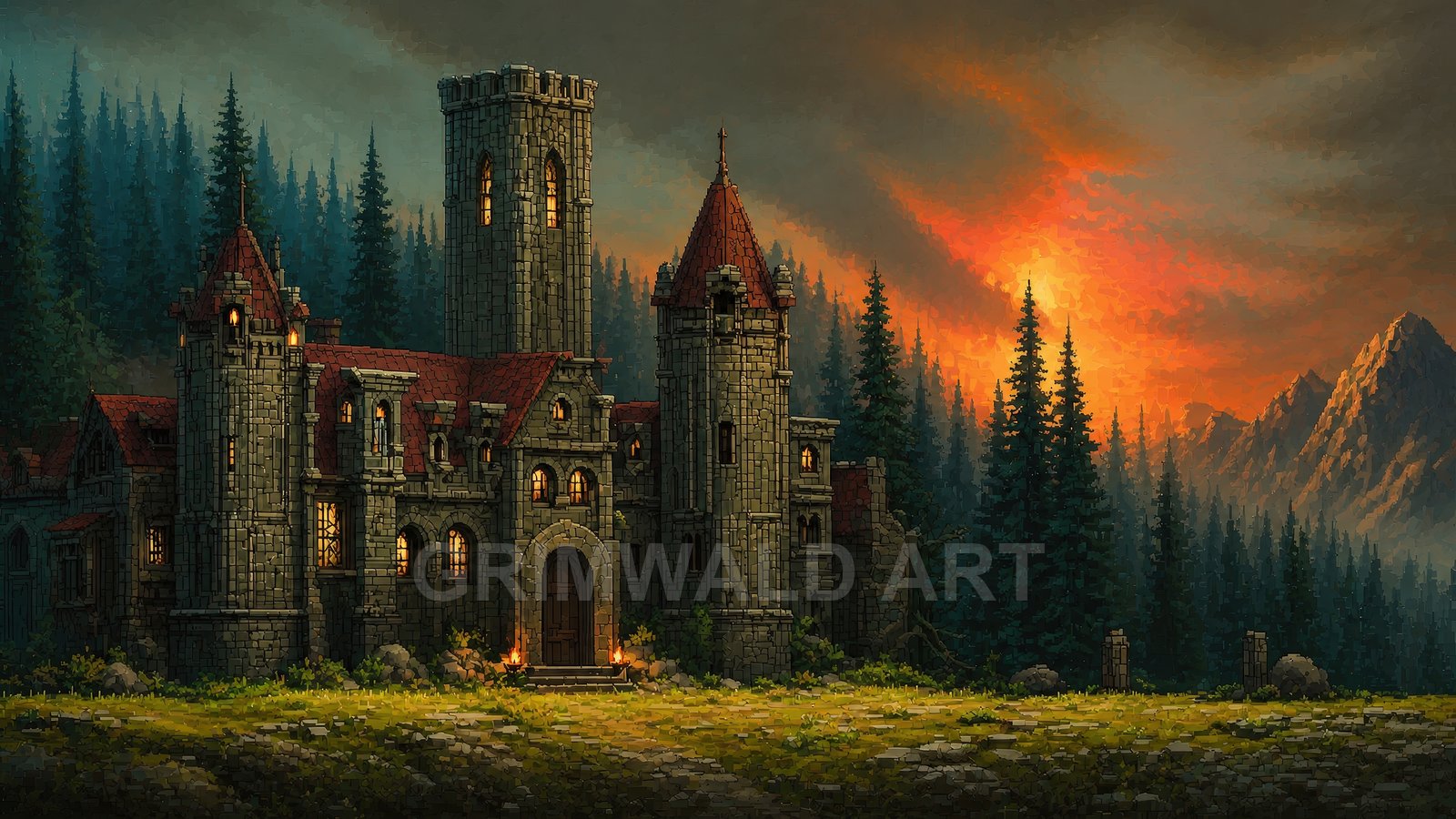Medieval stone castle with lit windows stands amid tall pines and distant mountains under a fiery sunset sky, torchlight glowing at the gate.