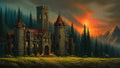 GRID THUMBNAIL — Medieval stone castle with lit windows stands amid tall pines and distant mountains under a fiery sunset sky, torchlight glowing at the gate.
