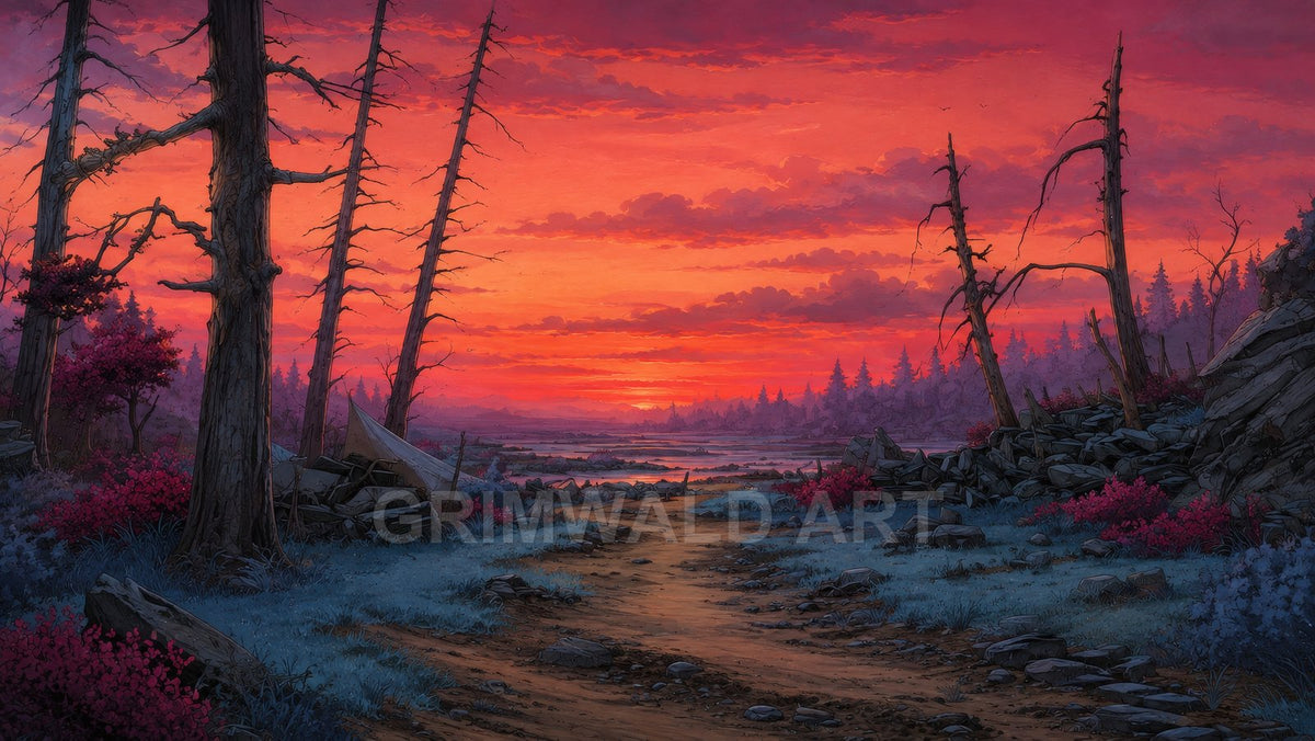A dusty path winds through skeletal trees toward a reflective lake beneath a vivid orange-red sunset sky, with blue grasses and crimson shrubs.
