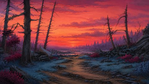 GRID THUMBNAIL — A dusty path winds through skeletal trees toward a reflective lake beneath a vivid orange-red sunset sky, with blue grasses and crimson shrubs.