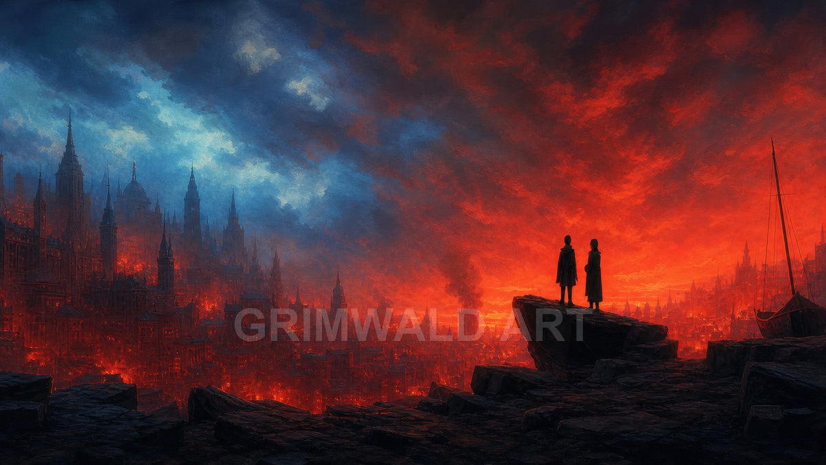 Panoramic fantasy city of soaring spires glows with red fire under dramatic blue-and-crimson sky; two cloaked figures watch from rocky outlook beside a moored boat.